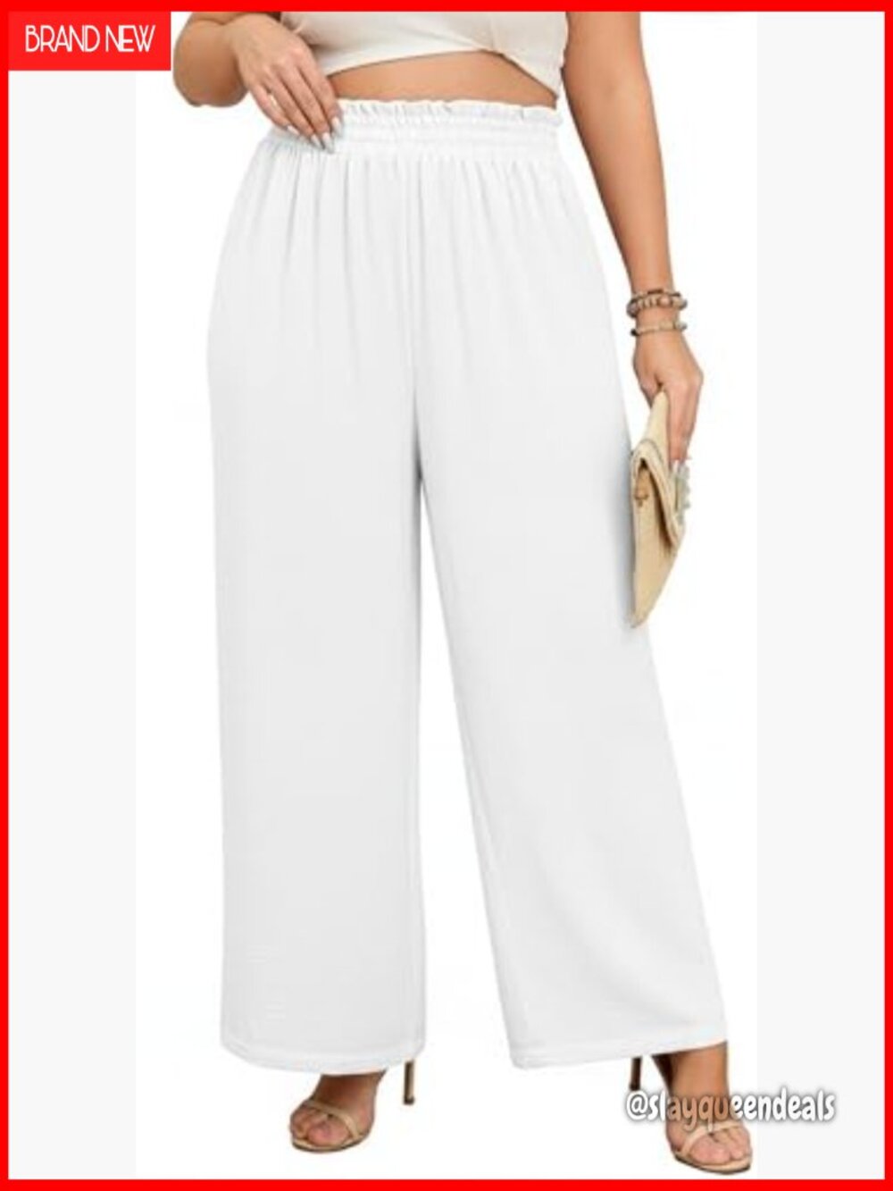 Plus Size Wide Leg Palazzo Pants Elastic High Waist with Pockets - Picture 6 of 7